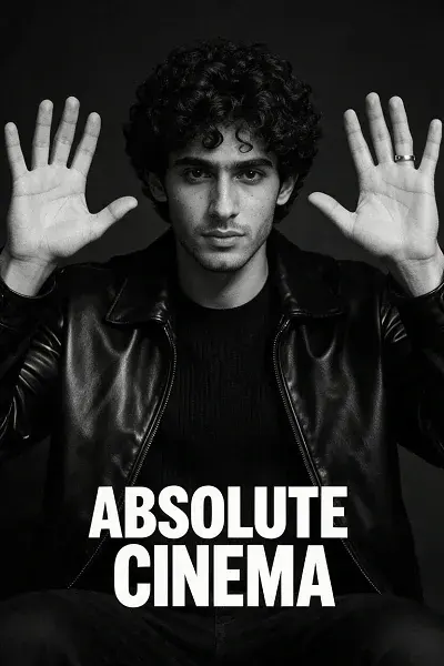 Transform the reference image into a premium monochrome Absolute Cinema meme poster while preserving identity, hairstyle, outfit, and