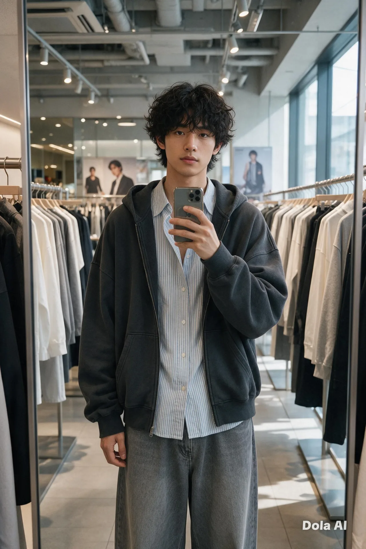 Ultra-realistic editorial mirror selfie of a young adult male in a contemporary fashion retail store, standing casually in front of a large
