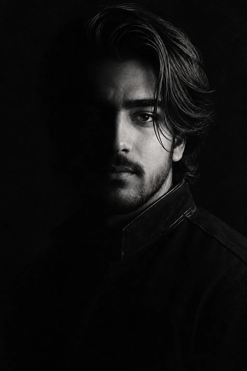 A highly cinematic, dark, monochromatic black-and-white portrait of a stern adult man emerging from deep darkness.