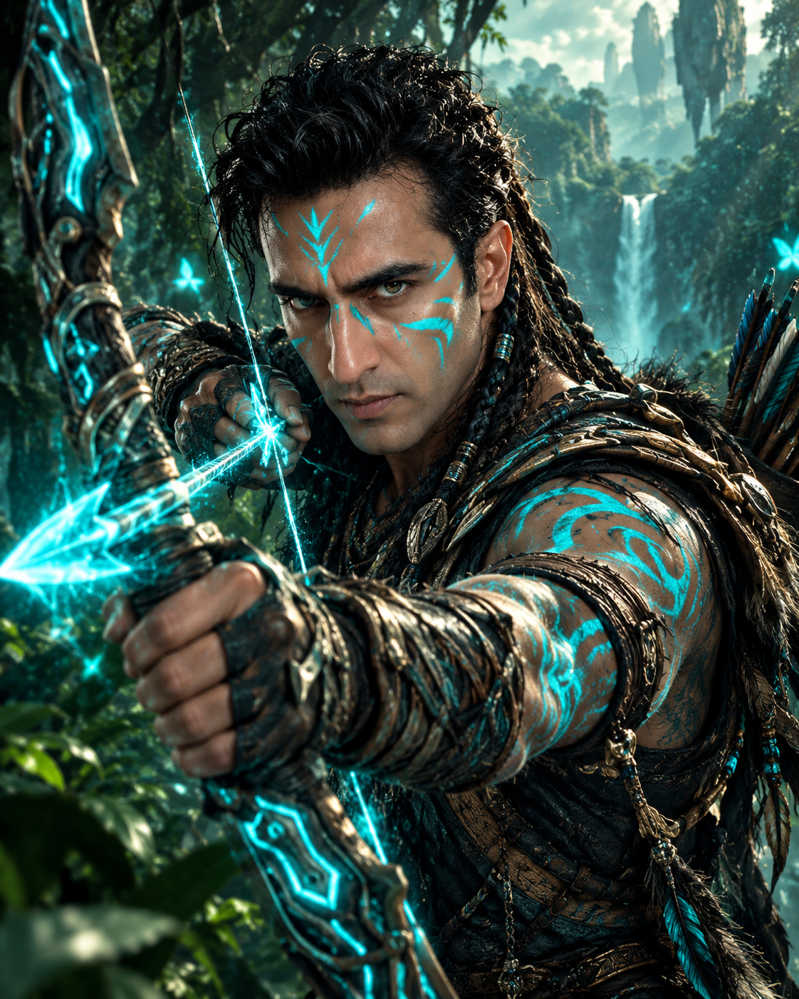 Make him fierce warrior in a mystical jungle, aiming a glowing futuristic bow and arrow, tribal warrior aesthetic, braided hair, intricate