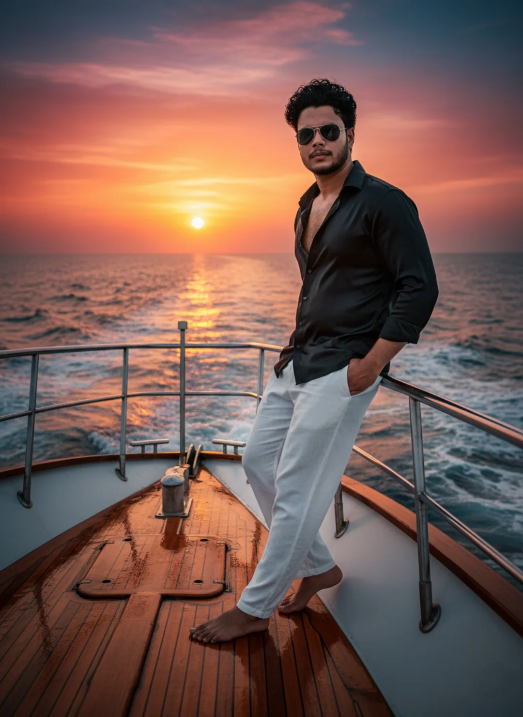 A handsome young South Asian man with curly black hair, full beard, and aviator sunglasses stands confidently barefoot on the polished