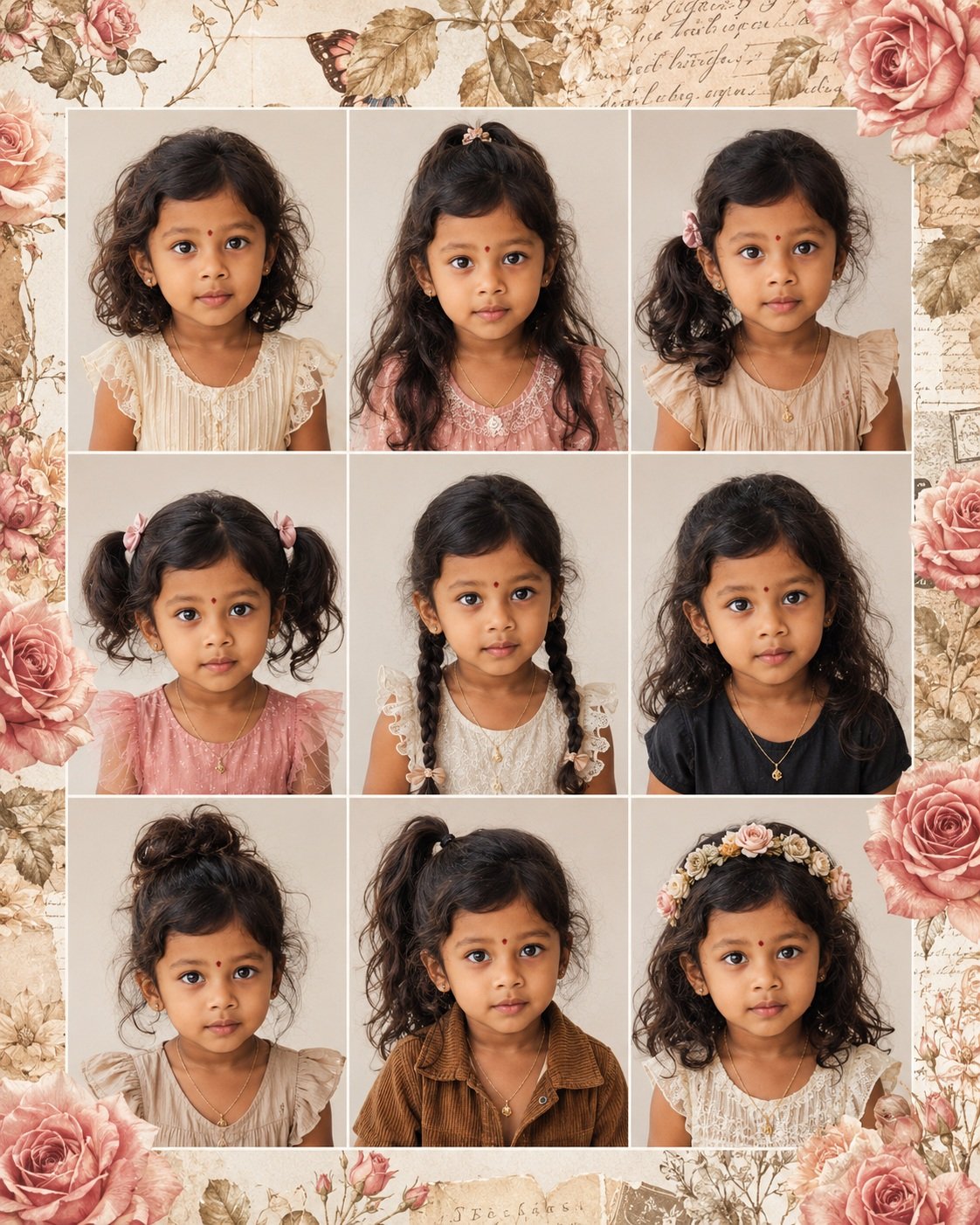 Ultra-realistic 3×3 character consistency portrait grid of the same adorable 3-year-old Indian baby girl with identical facial features,