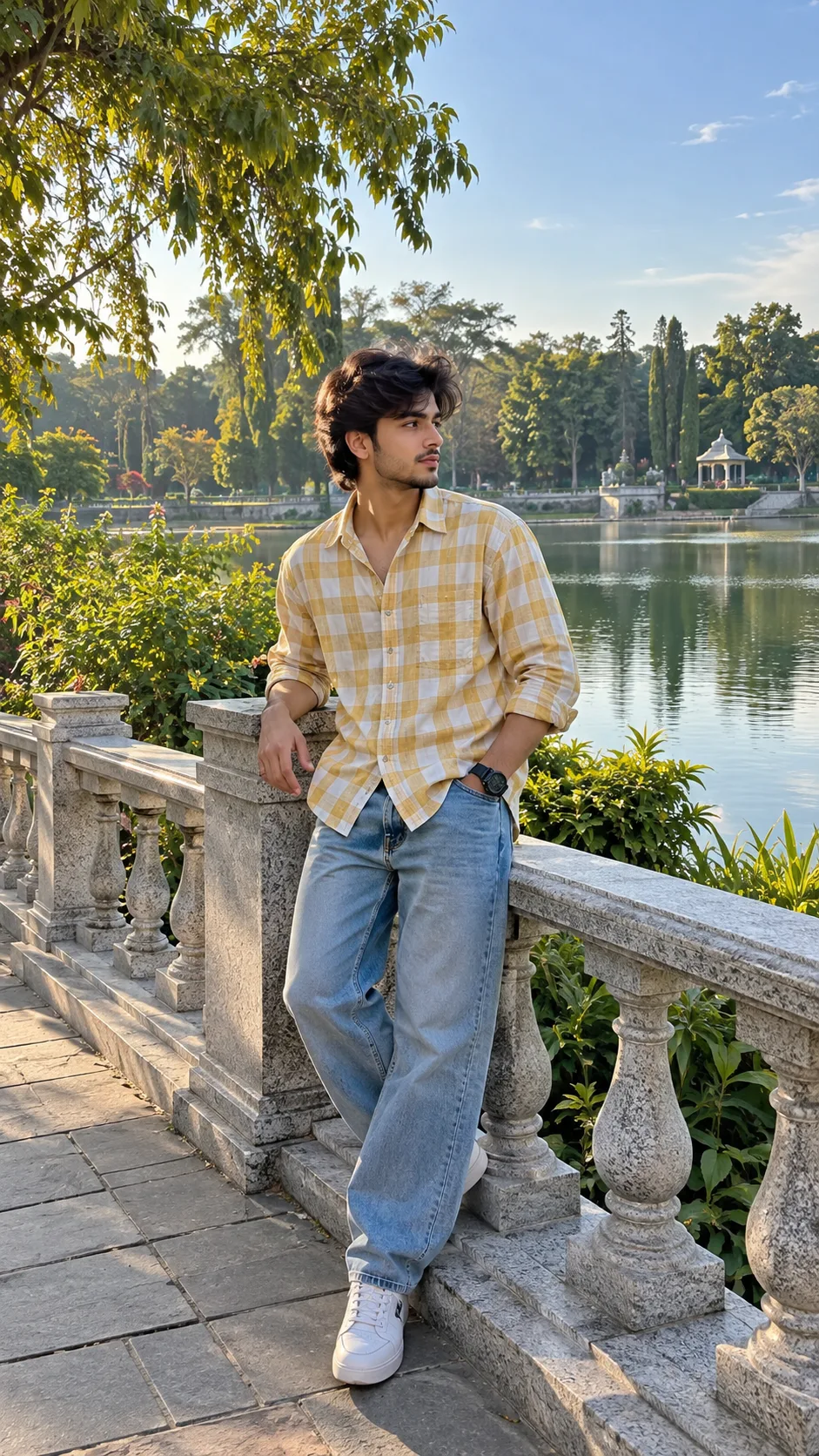 Ultra realistic photograph of a young man standing quietly beside a beautiful lakeside stone railing in a lush botanical park, shot on a