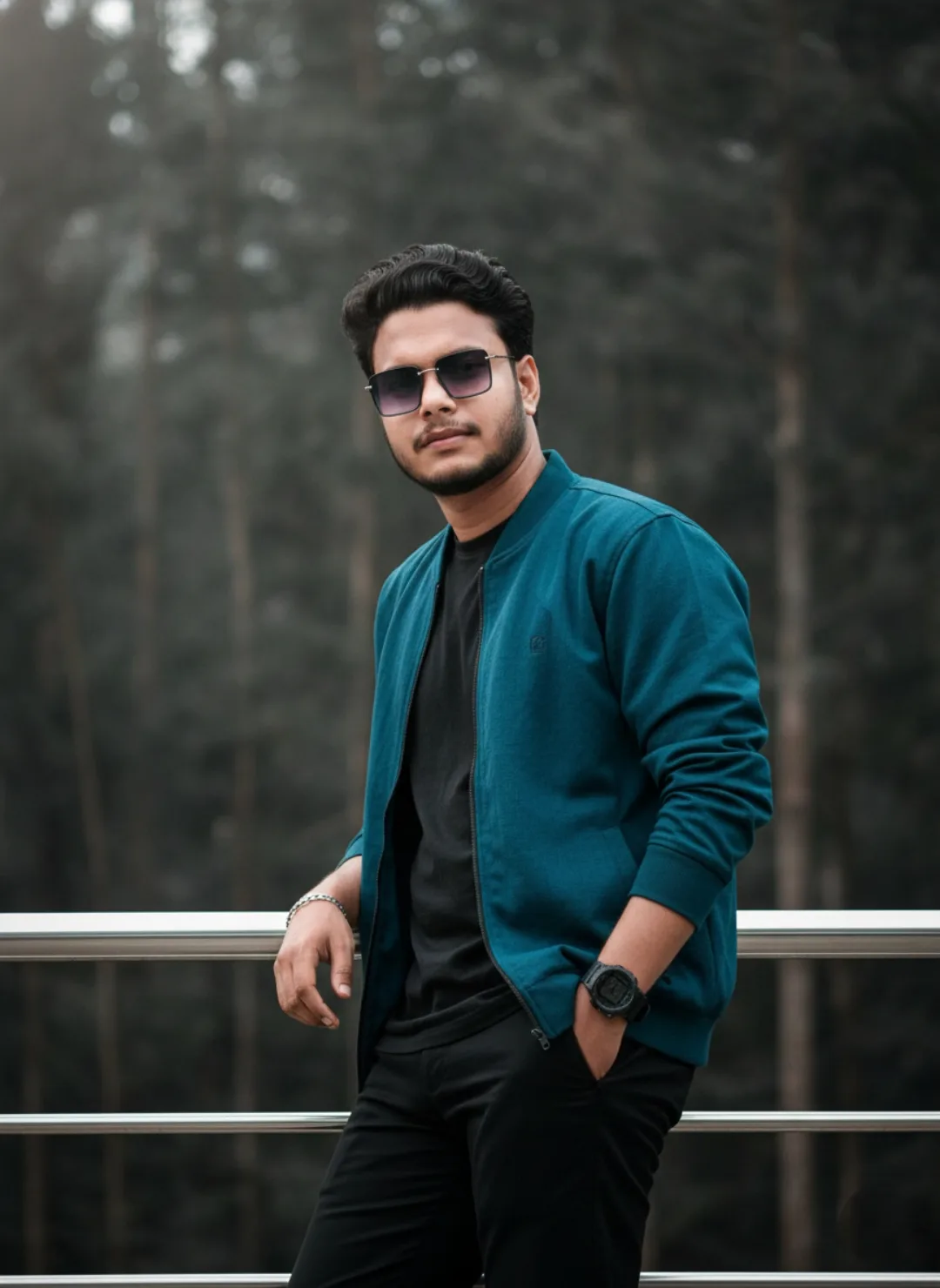 A stylish young Indian man in his mid-20s posing outdoors, leaning casually against a silver metal railing.