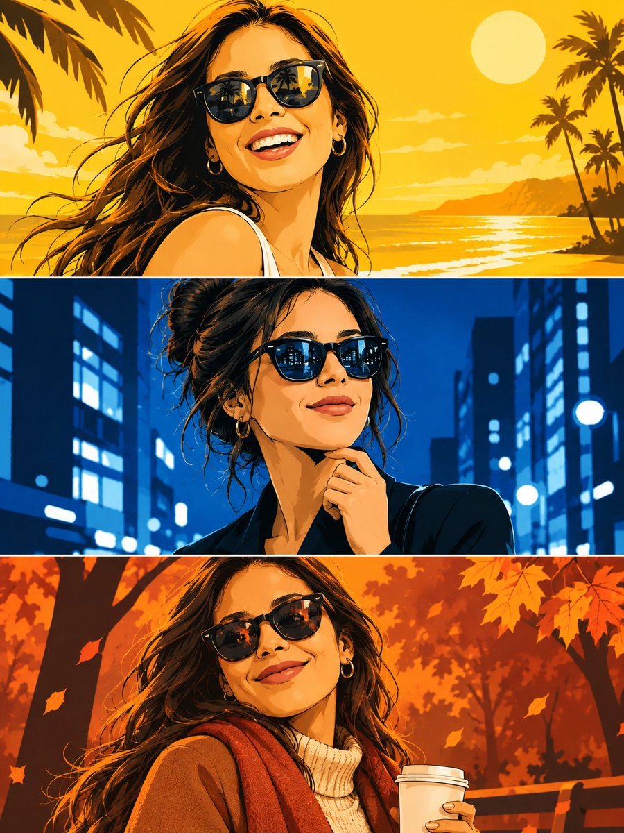 Amazing GPT Image prompt 🔥🔥🔥 A clean triptych manga-style character poster with 3 different moods, colors, and expressions.