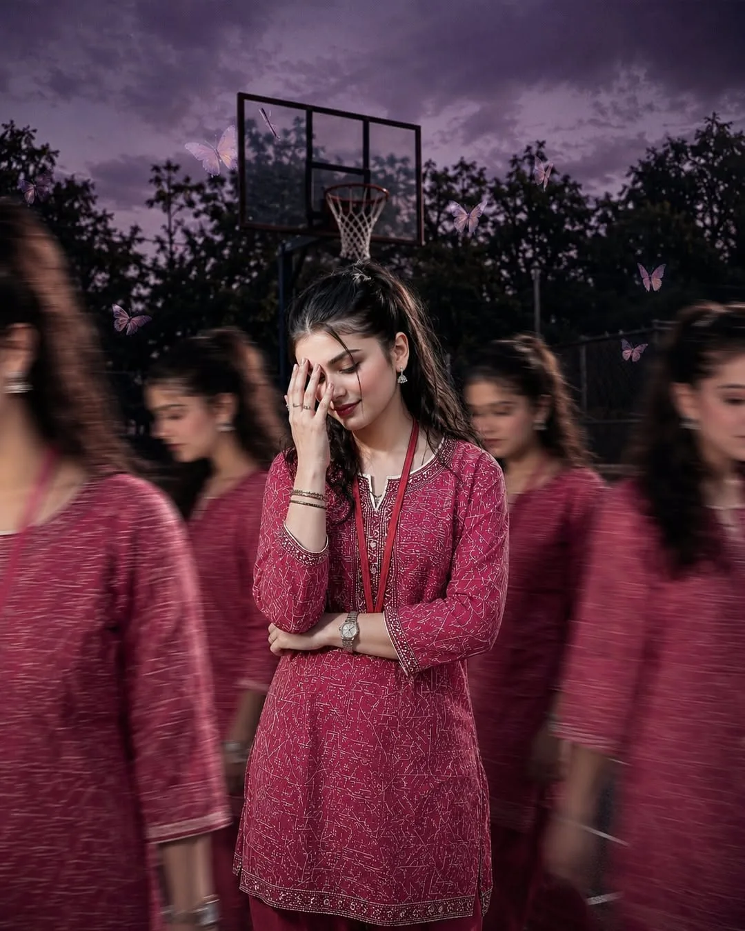 A surreal, dark fantasy, multiple-exposure cinematic photograph of a beautiful young South Asian woman standing on an outdoor basketball
