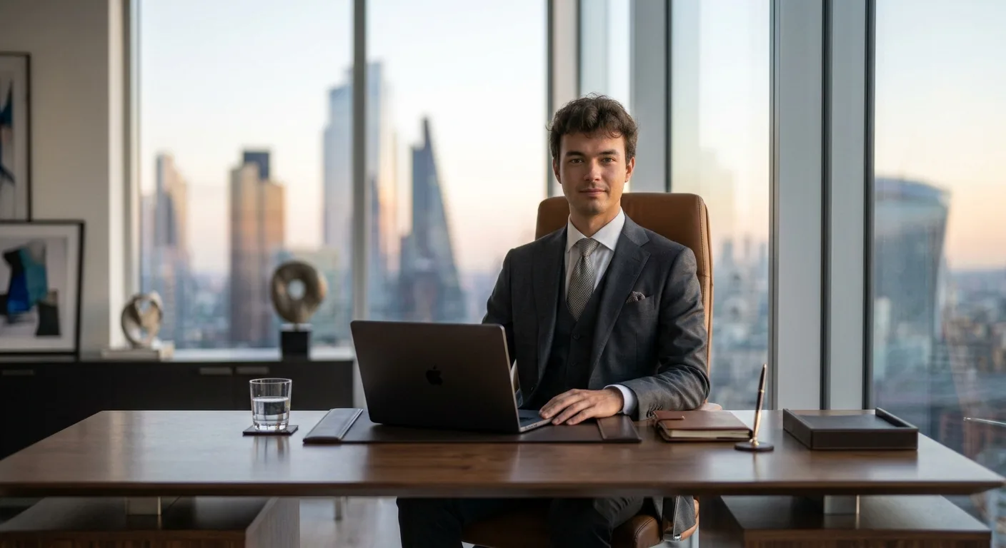 A realistic professional portrait of a young male business founder in a premium modern office, wearing a sophisticated dark business suit,