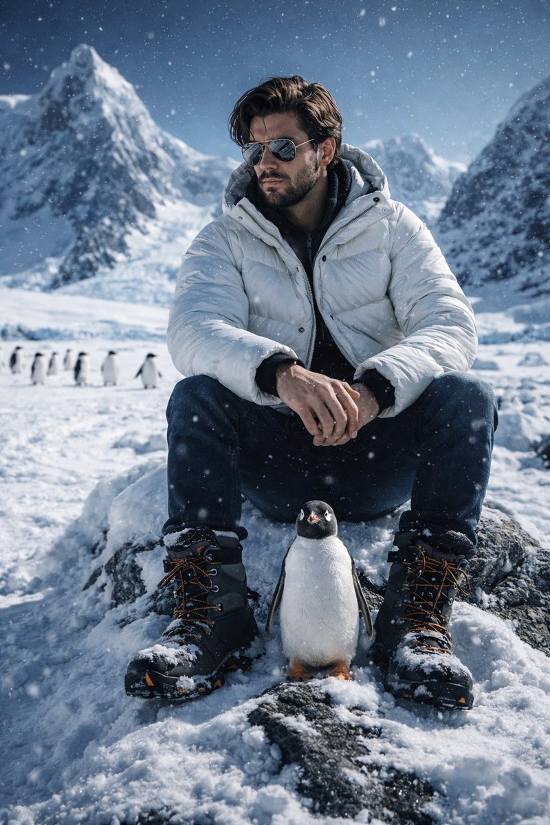 A cinematic, ultra-realistic photograph of a stylish man sitting on a snowy rock in Antarctica.