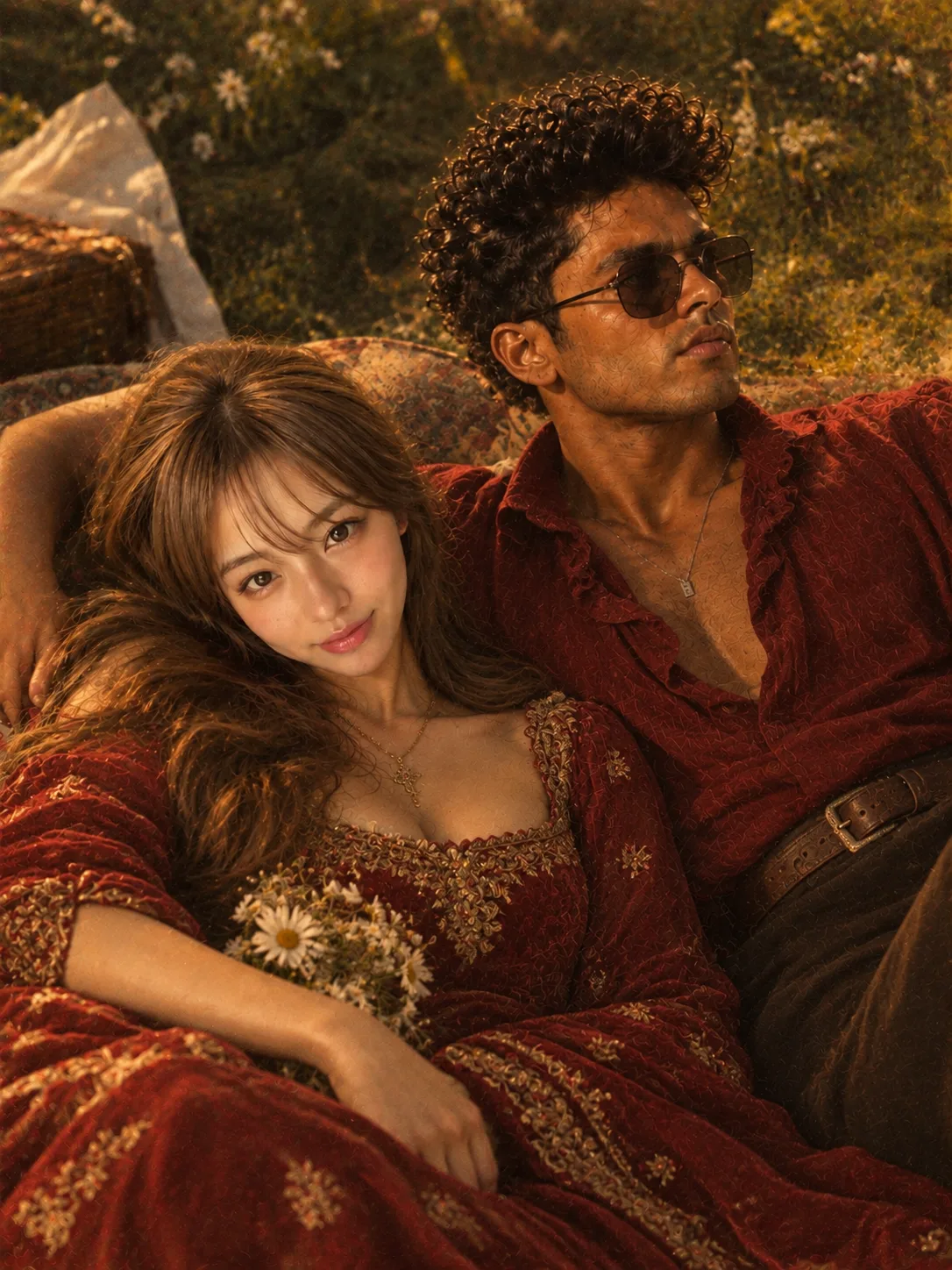 Create an ultra-realistic cinematic romantic portrait of a young couple relaxing together outdoors in a beautiful vintage countryside