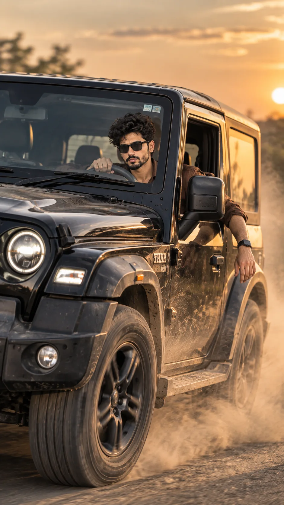 Ultra-realistic 9:16 cinematic photo using my uploaded image as exact face, hairstyle, brown full-sleeve shirt and black sunglasses