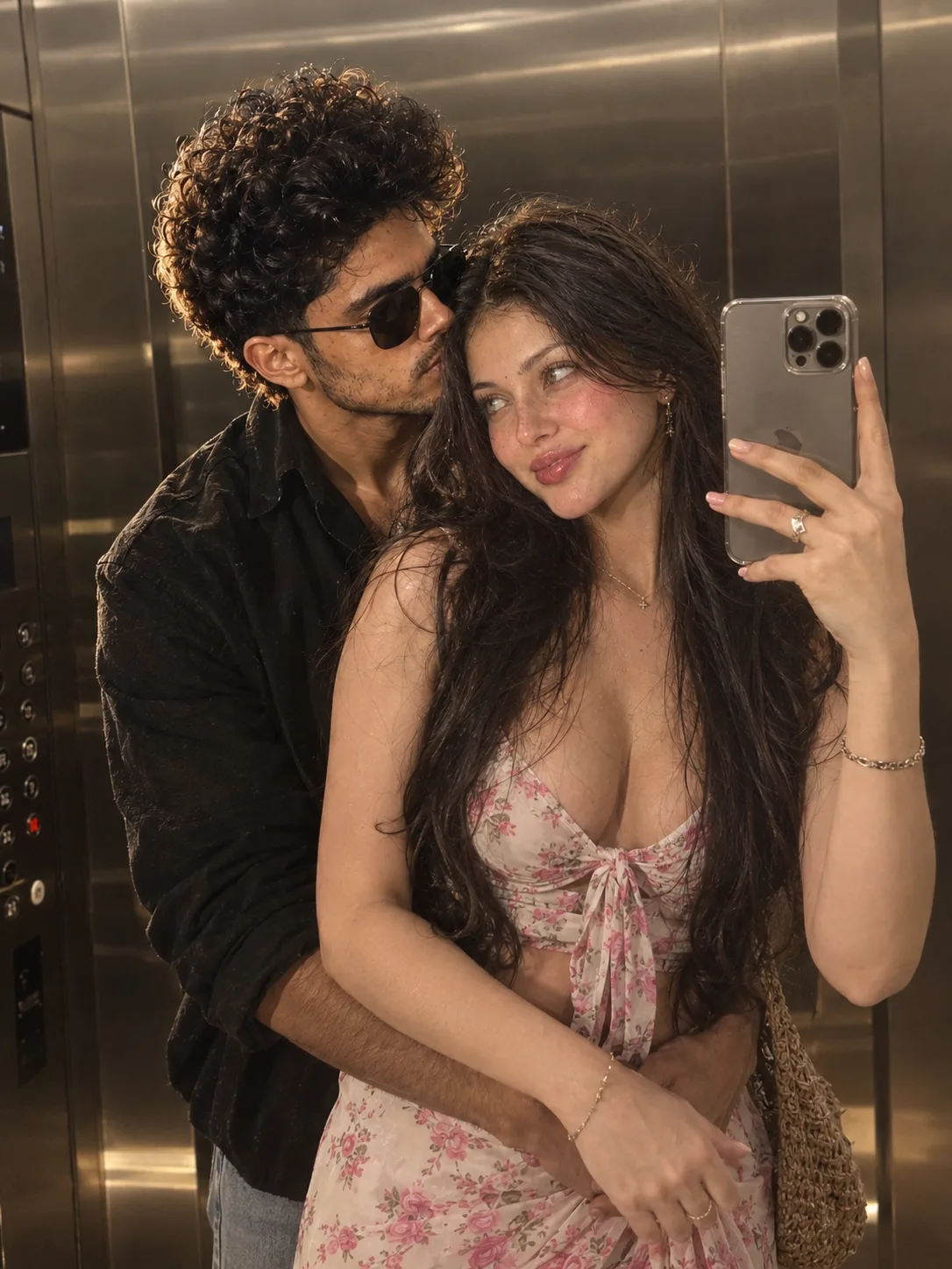 Ultra-realistic cinematic romantic mirror-selfie portrait of a young couple (same as reference image)sharing a sweet and affectionate