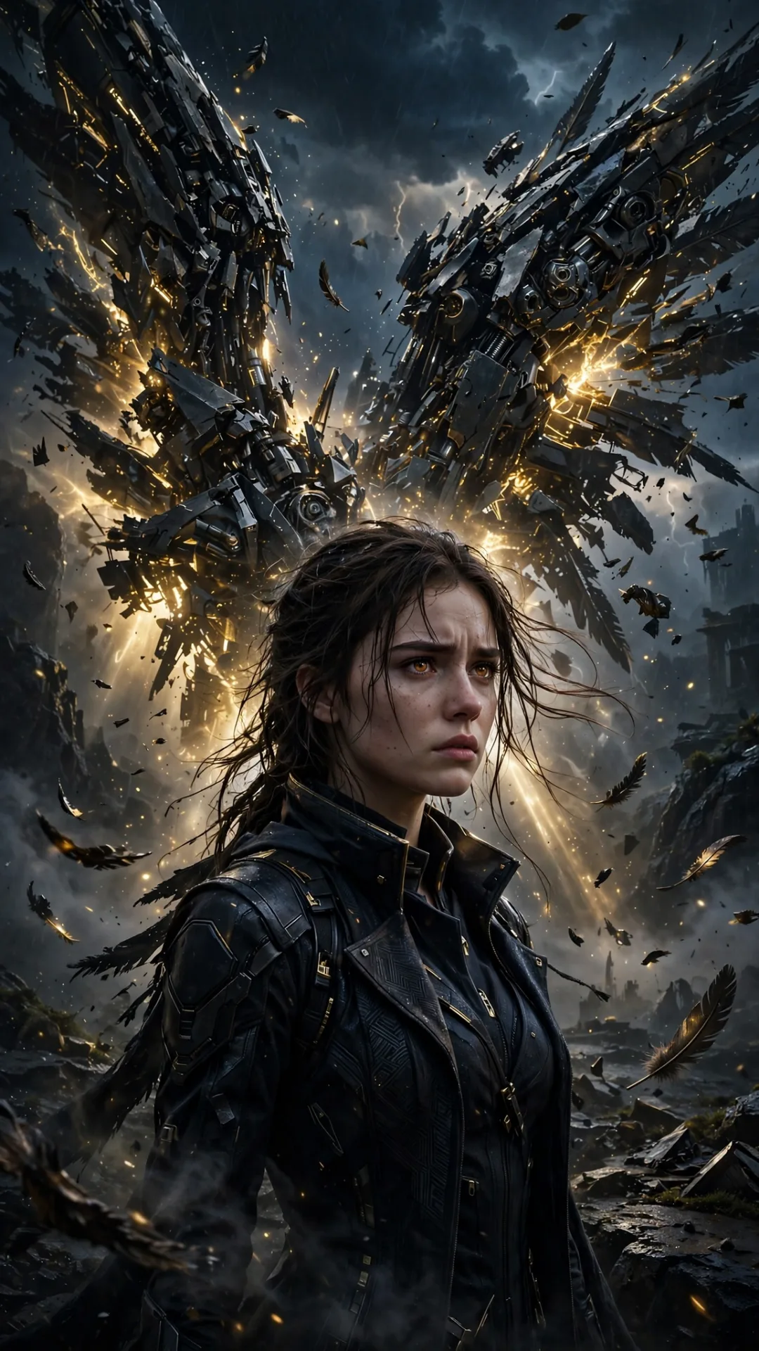 A beautiful young woman standing in a dark mysterious landscape with enormous broken mechanical angel wings behind her.