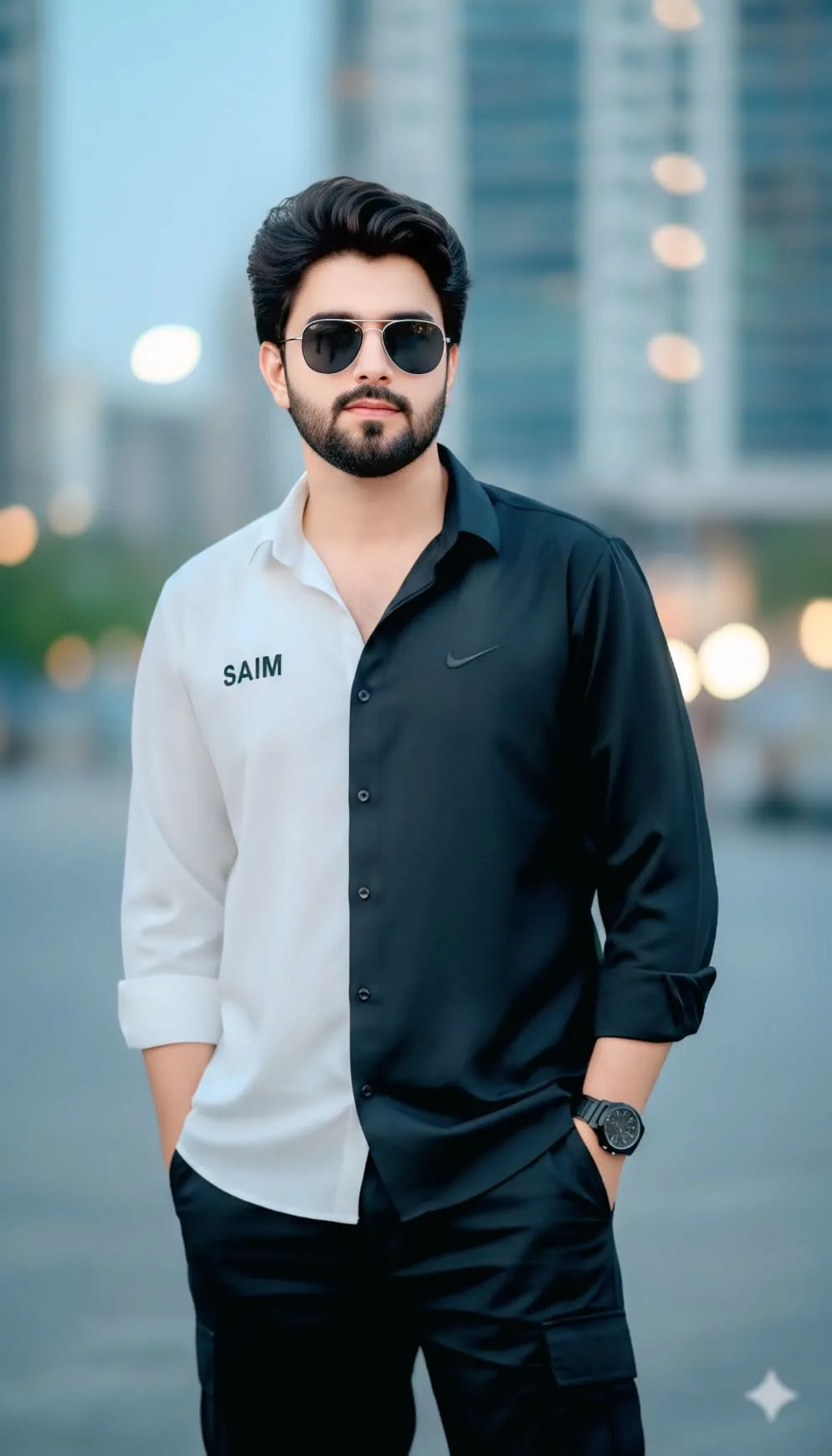 "A realistic 4k cinematic portrait of a handsome 24-year-old South Asian man with a well-groomed full beard and voluminous, perfectly