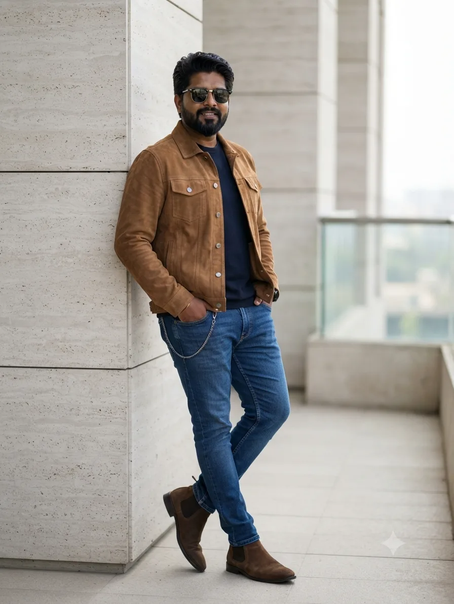 A photorealistic, high-resolution fashion portrait of a stylish young man with a well-groomed beard and a modern haircut, wearing sleek