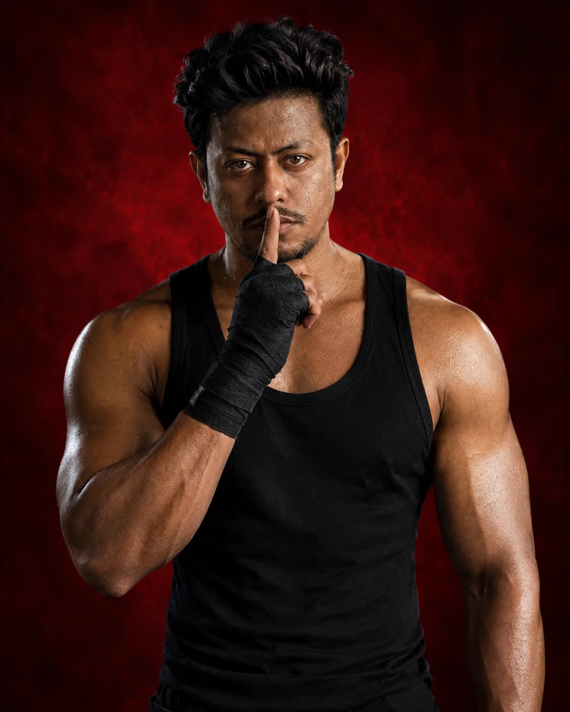 Create an ultra-realistic cinematic action-editorial portrait of a powerful South Indian man in his late thirties, standing directly facing