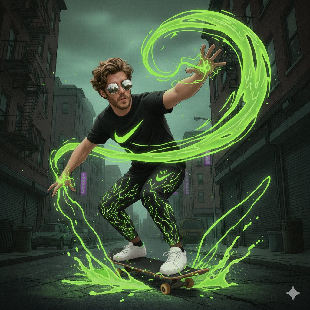 A dynamic, low-angle action shot of a young man with wavy brown hair and round reflective sunglasses, performing a mid-air crouched trick