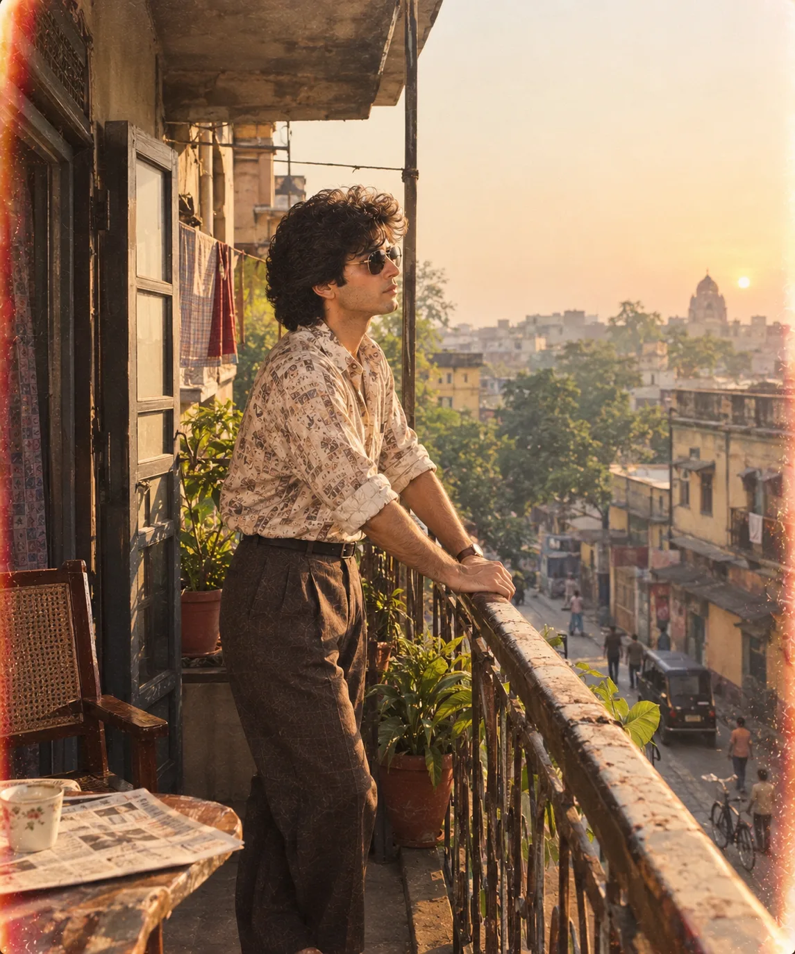 Photorealistic cinematic 1980s Indian morning scene featuring a young person standing casually on an old apartment balcony, gently resting