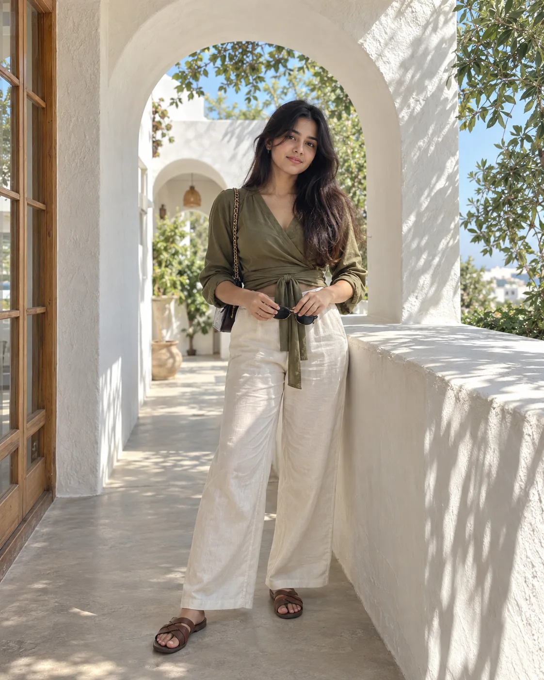 Create an ultra-realistic, high-resolution vertical lifestyle fashion photograph of a young adult South Asian woman standing in a bright