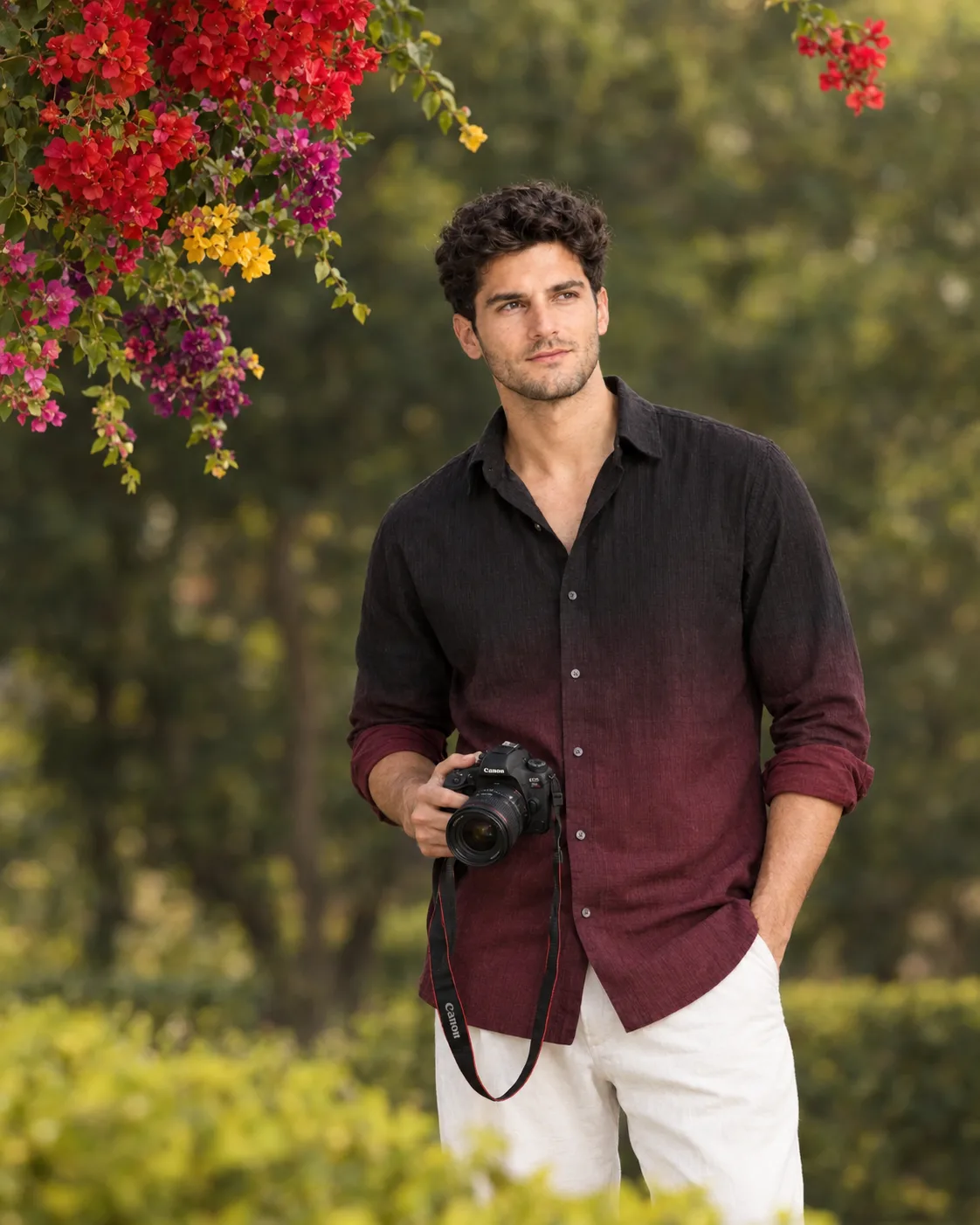 Create an 8K hyper-realistic cinematic outdoor portrait of a young man, face angled mostly toward the camera with a natural smile and