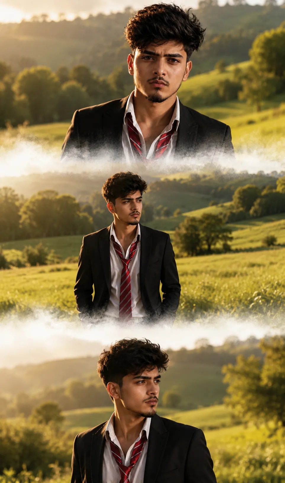 A cinematic vertical triptych collage featuring the SAME young man standing alone in a lush green countryside field during bright golden