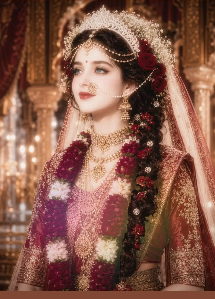 Create a luxurious, dreamy Indian bridal portrait inspired by the uploaded reference image.