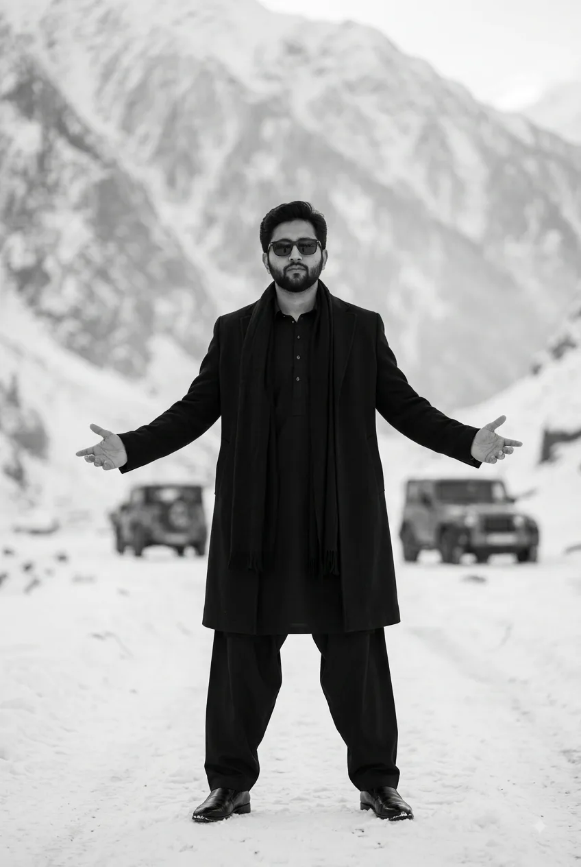 A full-body, ultra-realistic monochrome fashion portrait of a young South Asian man standing confidently in the center of a snowy mountain