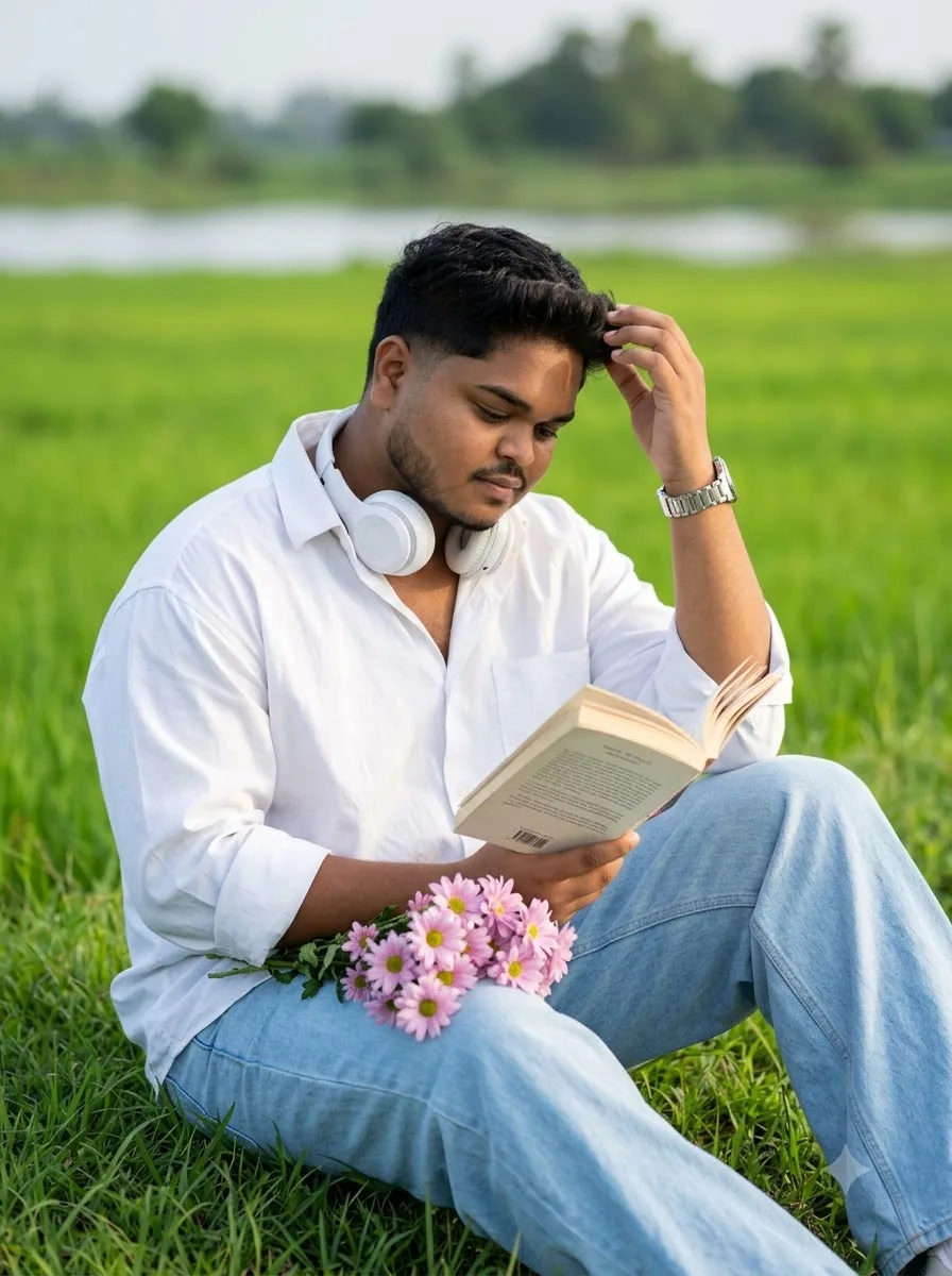 A cinematic outdoor portrait of a young man sitting alone in a vast lush green field beside a calm water-filled meadow.