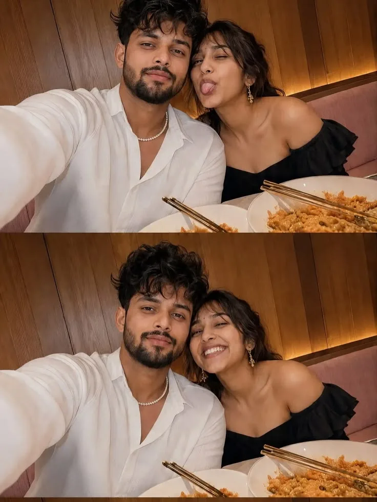 A photorealistic vertical photo collage in exact 3:4 aspect ratio featuring a vertical split diptych of two candid dining selfies, strictly