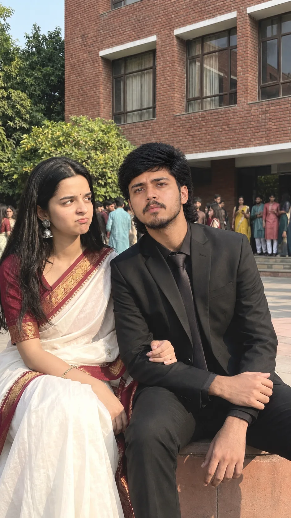 Create an ultra-photorealistic candid South Asian college couple portrait matching the uploaded reference image as closely as possible.