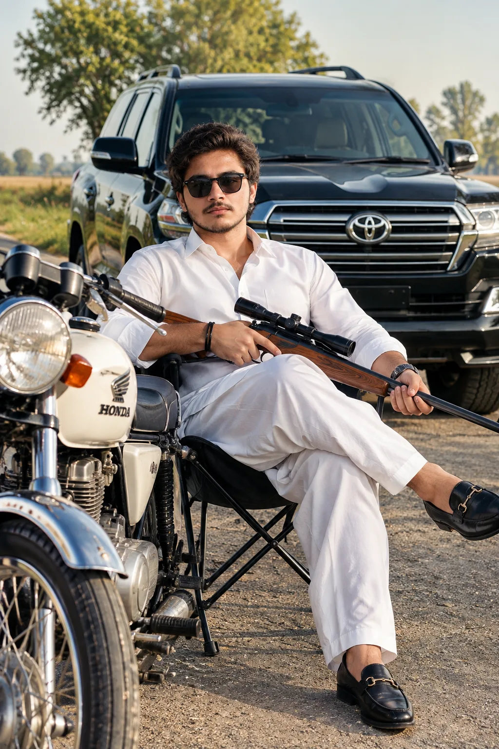 > Create an ultra-realistic 4K/8K cinematic portrait of a confident young South Asian man wearing a crisp white traditional outfit, dark
