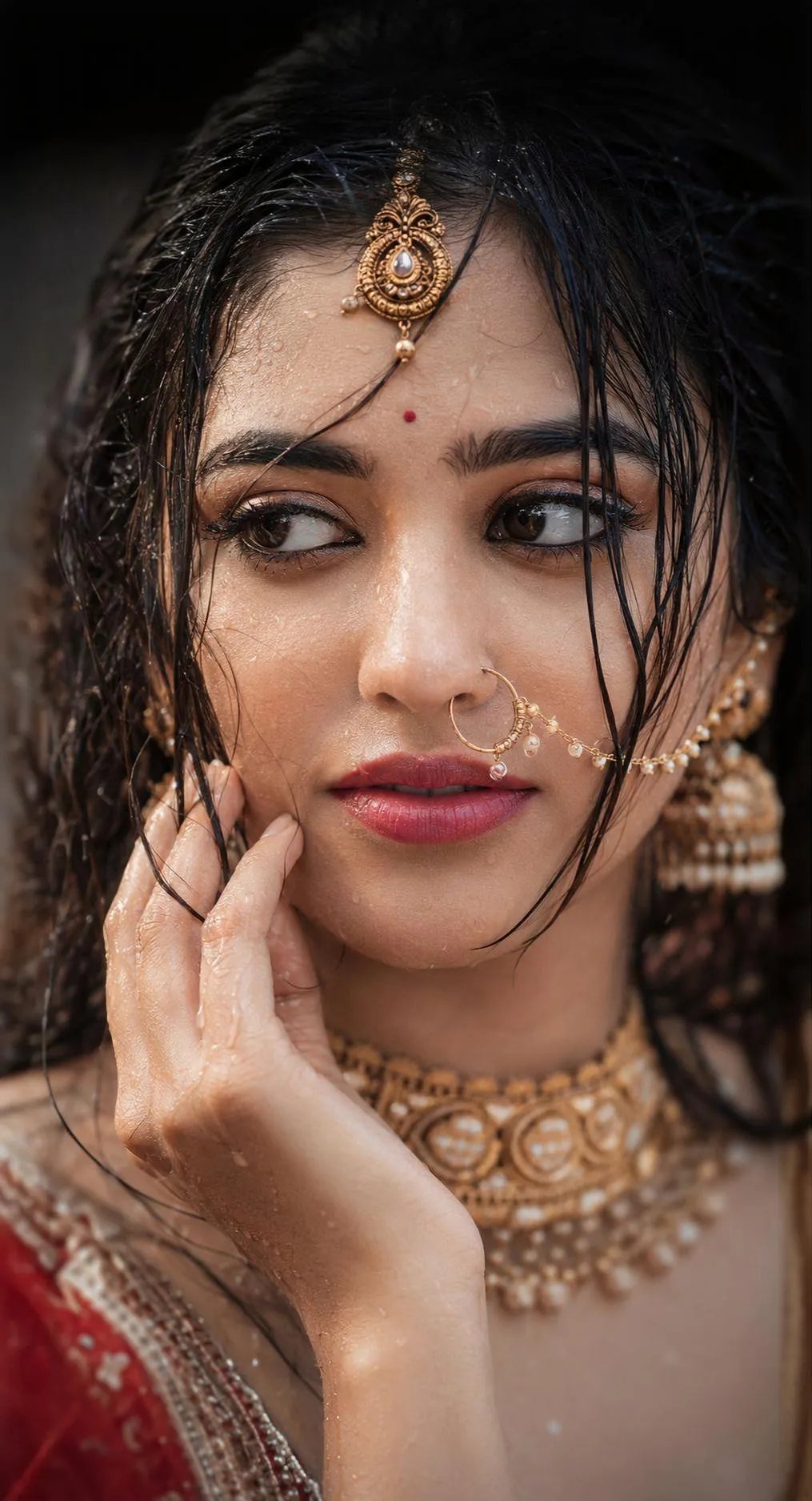 Ultra-realistic close-up portrait of a young Indian woman, wet black hair framing her face, rain droplets on skin, expressive brown eyes
