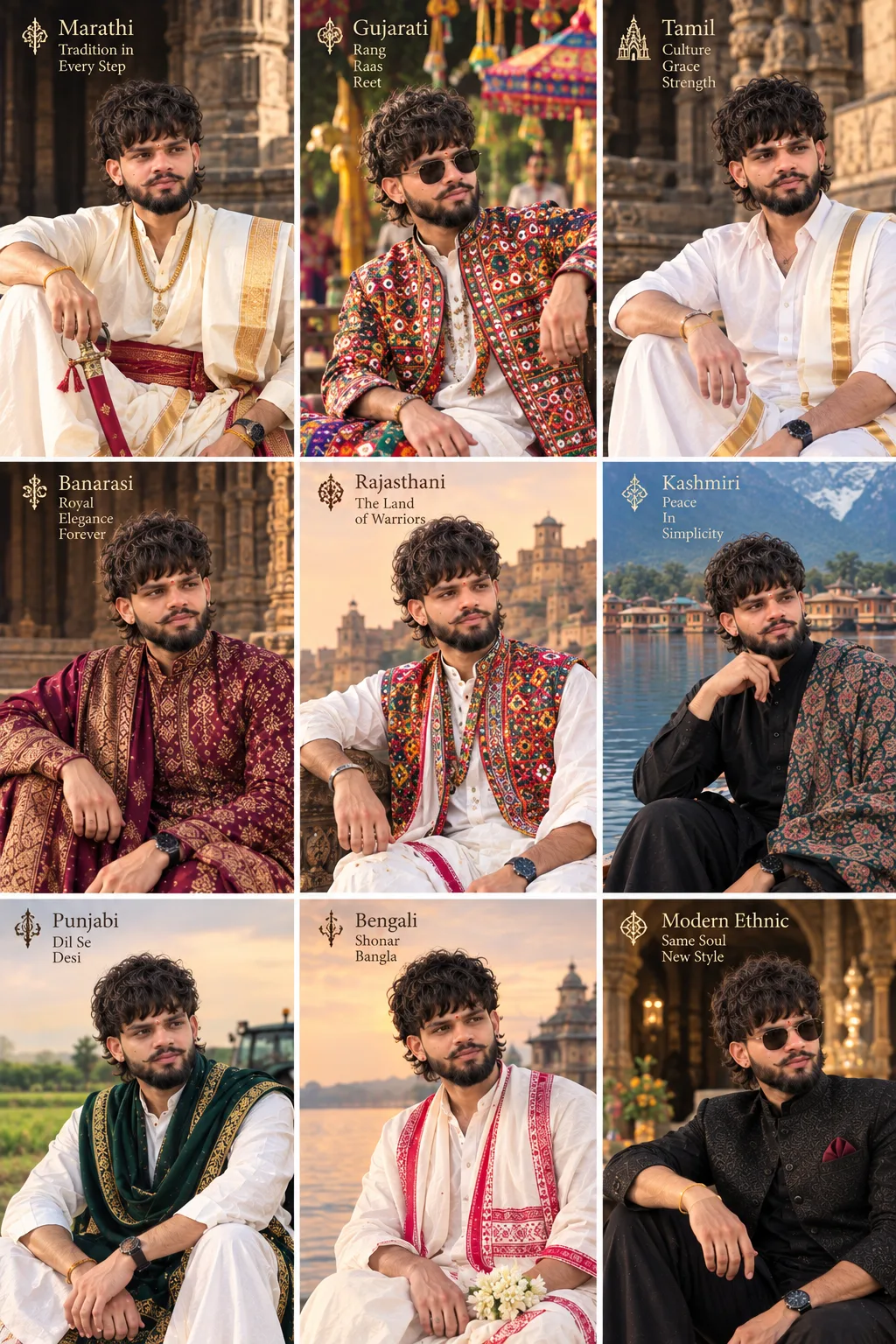 Create a premium ultra-photorealistic 3×3 Indian cultural fashion portrait collage featuring ME, using my uploaded personal photograph as