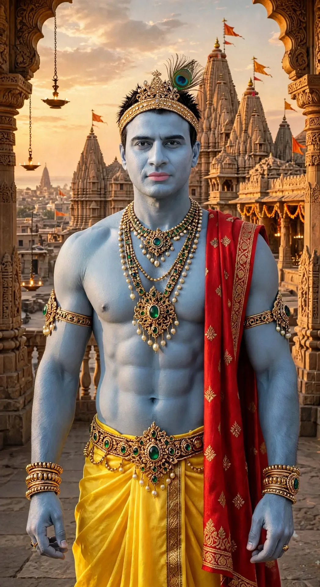 Subject: Same face as reference keep 100% exact facial features, no change Skin: light blue divine Krishna skin tone Lips: light pink Hair: