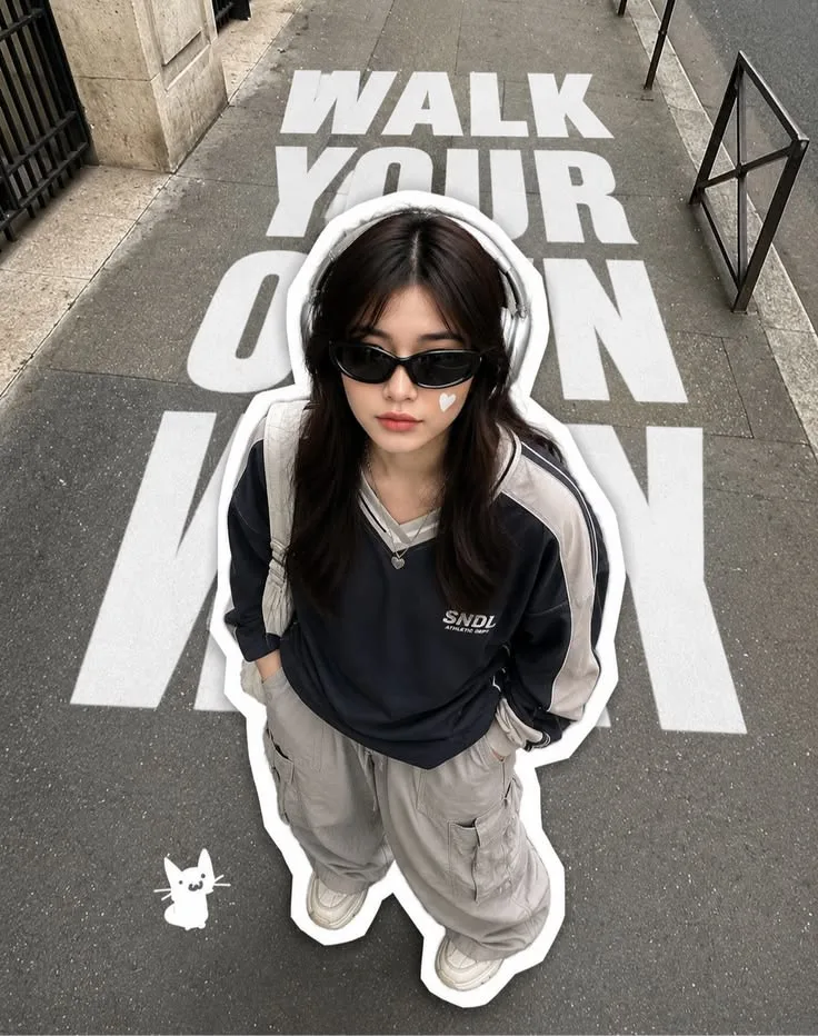 A stylish young woman photographed from a dramatic high-angle overhead perspective while standing on a city sidewalk.