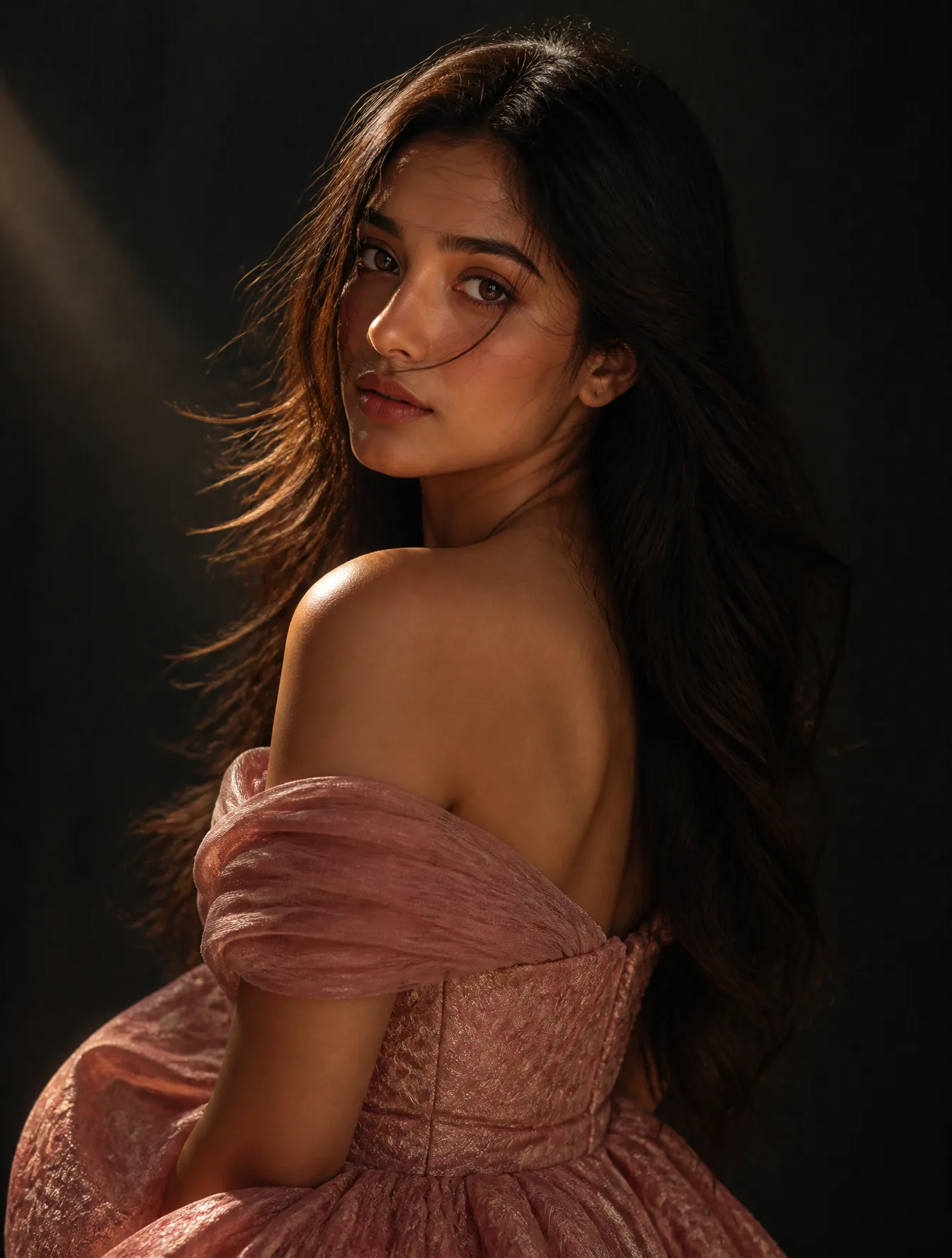A high-fashion magazine style portrait of a young woman with long, dark, flowing hair and soft wisps blowing across her face, looking back
