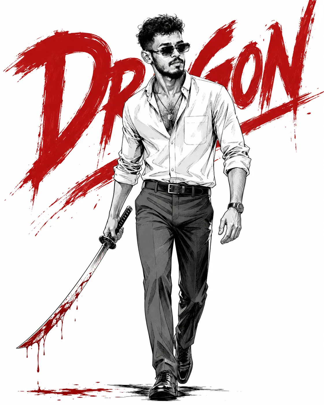 Create a highly detailed black-and-white hand-drawn ink illustration of a stylish, confident young man walking toward the viewer in a