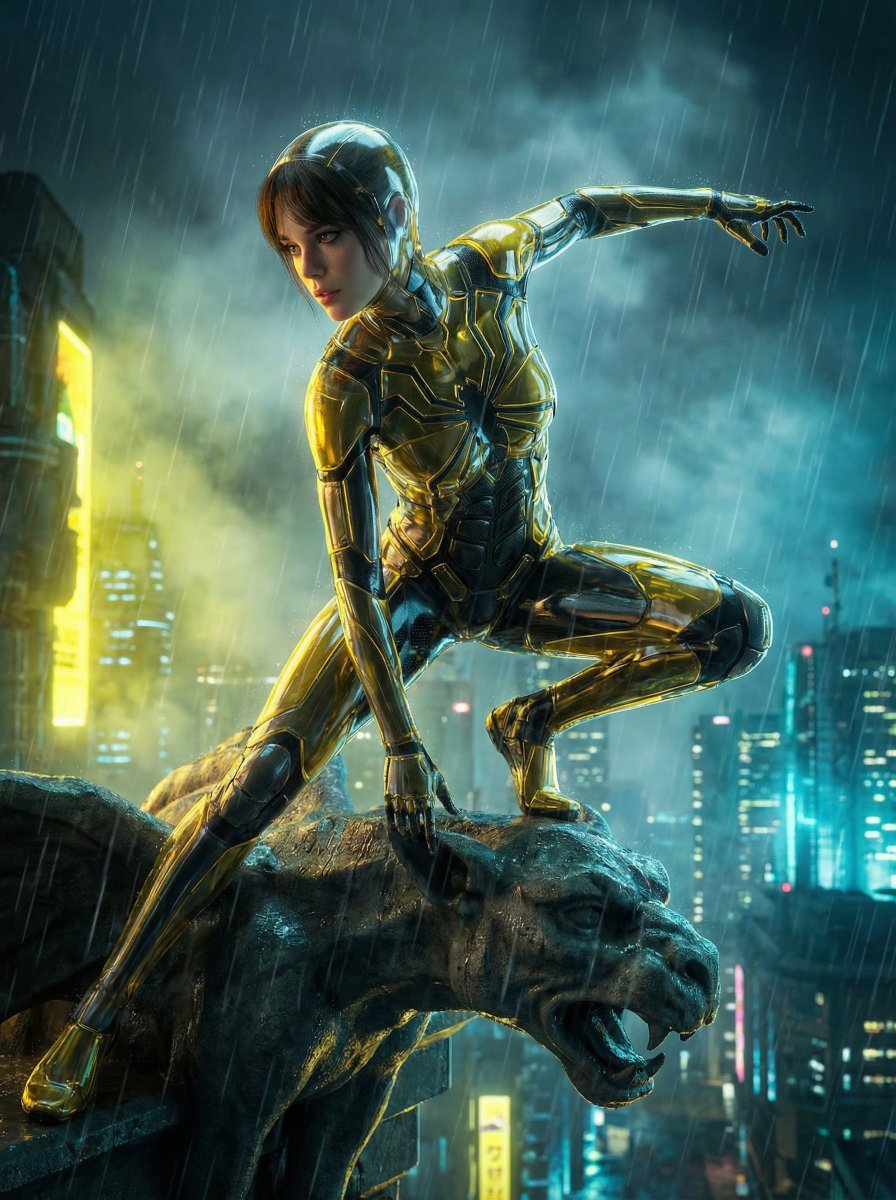 A young woman wearing a sleek, form-fitting yellow and black crystal-clear spider suit.