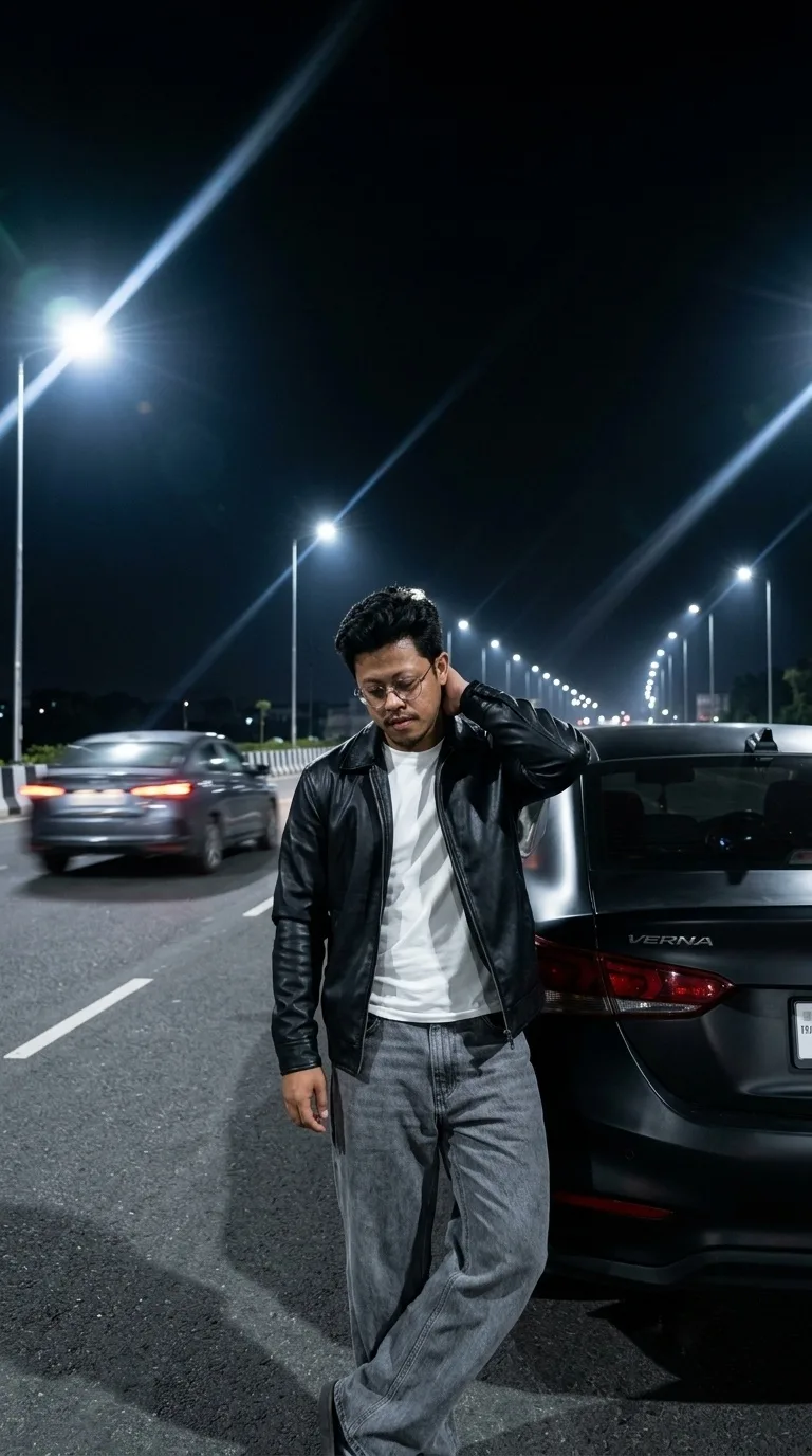 Photorealistic vertical nighttime street photograph of a yourng man standing beside the rear of a matte black verna on a wide modern urban