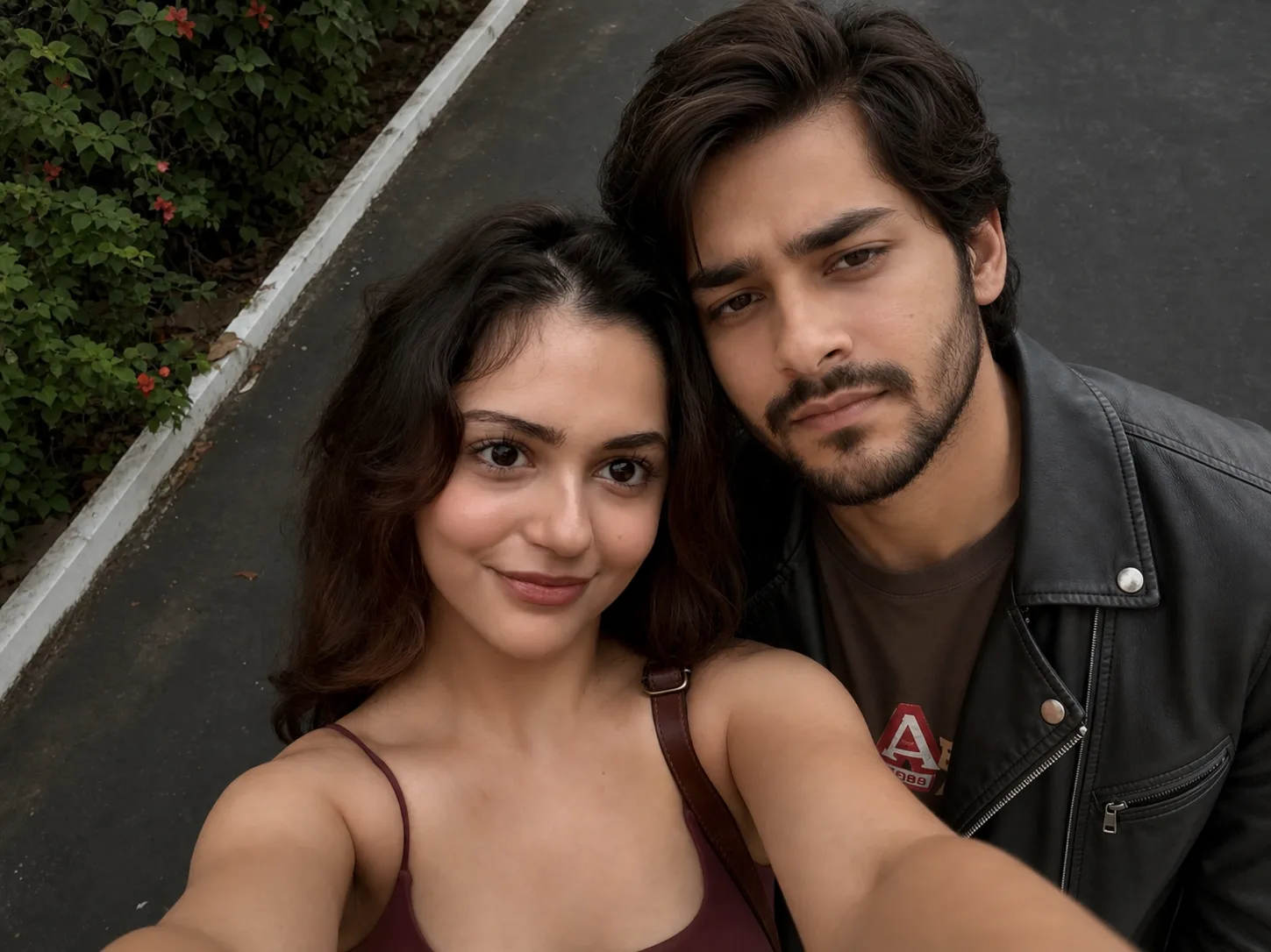 Here’s a prompt that closely describes the image: > A realistic candid couple selfie taken from a slightly elevated phone-camera POV,