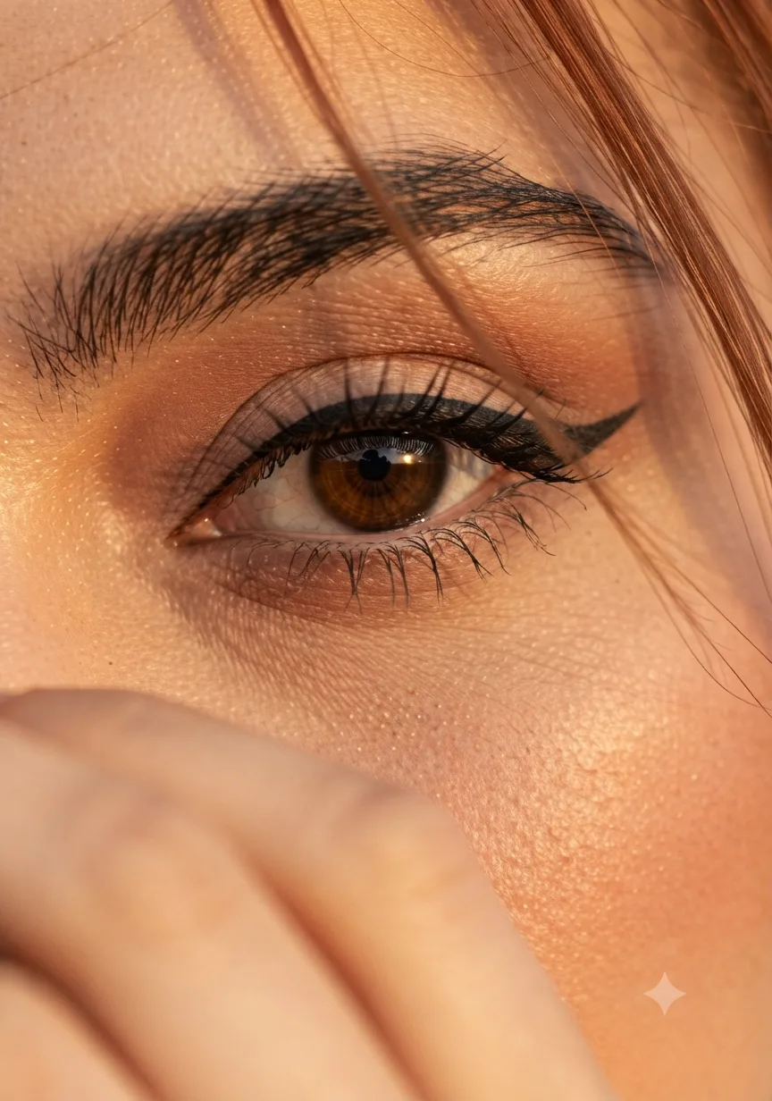 Convert the uploaded image into a close-up portrait of a young woman's single eye filling most of the frame, captured in warm golden-hour
