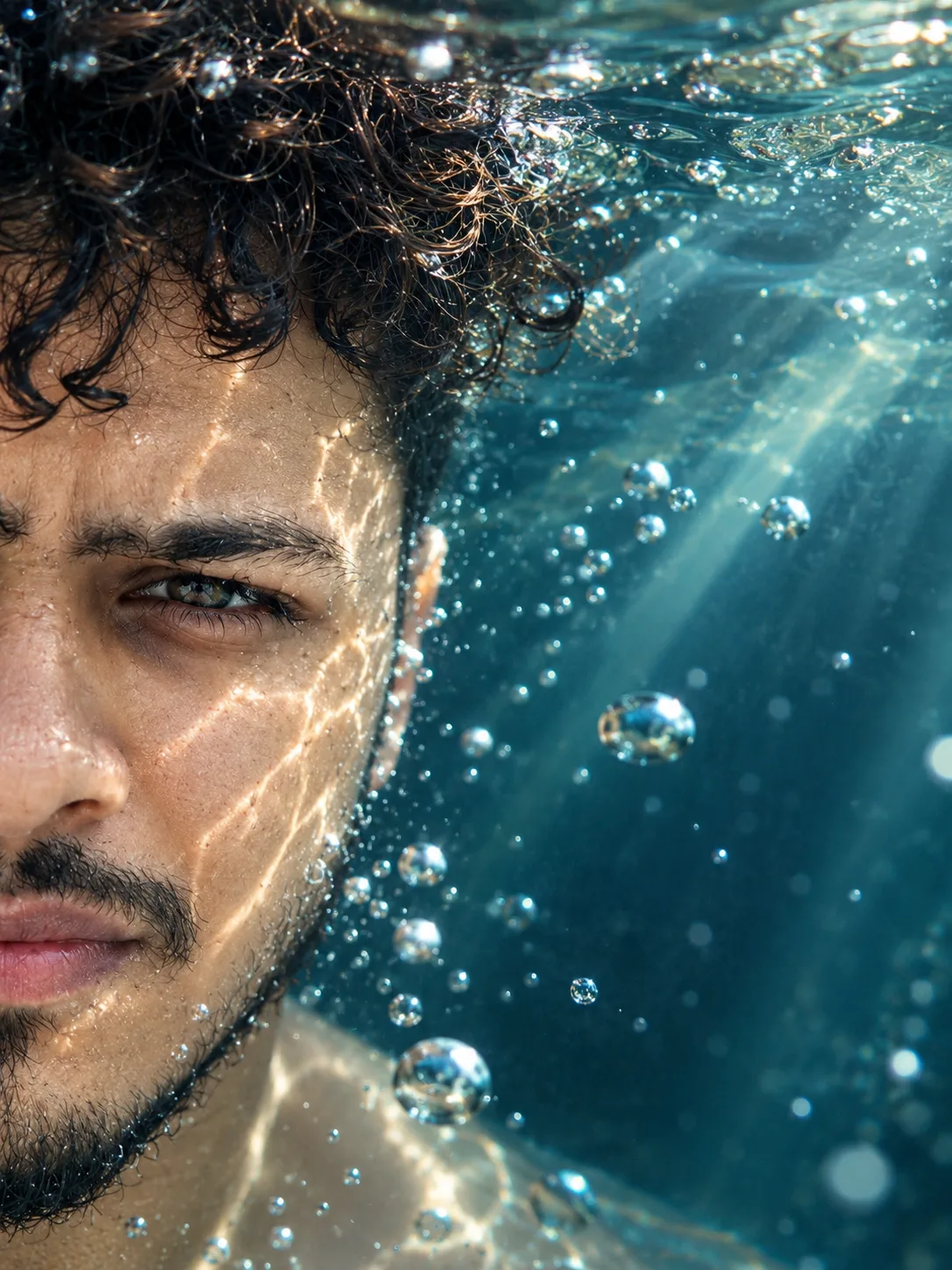 Hyper-realistic, ultra-detailed close-up portrait showing only the left half of my face submerged in water, one eye in sharp focus,