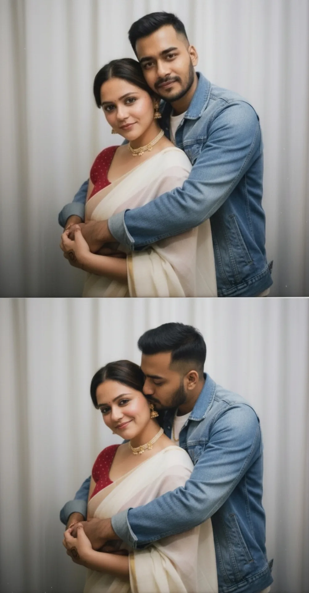 "A vertical two-panel split image of a romantic South Asian couple against a simple white drape background.