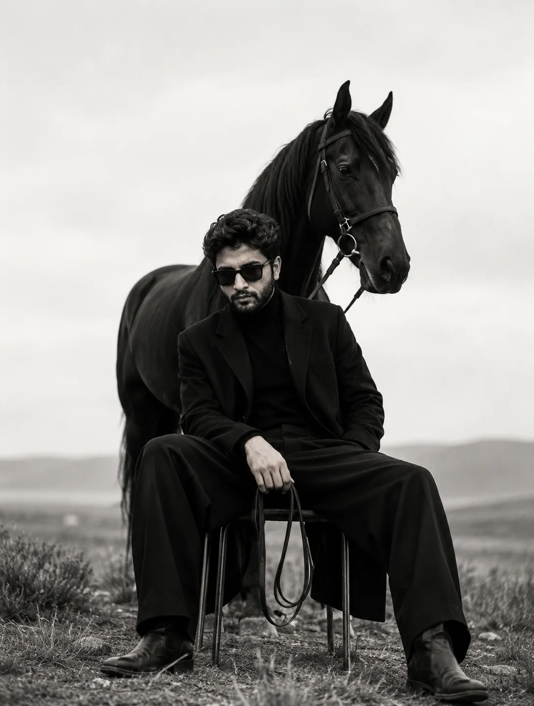 Photograph me sitting low on a minimalist metal stool, leg spread forward, and in a relaxed grounded face fleet planted on eventer, one