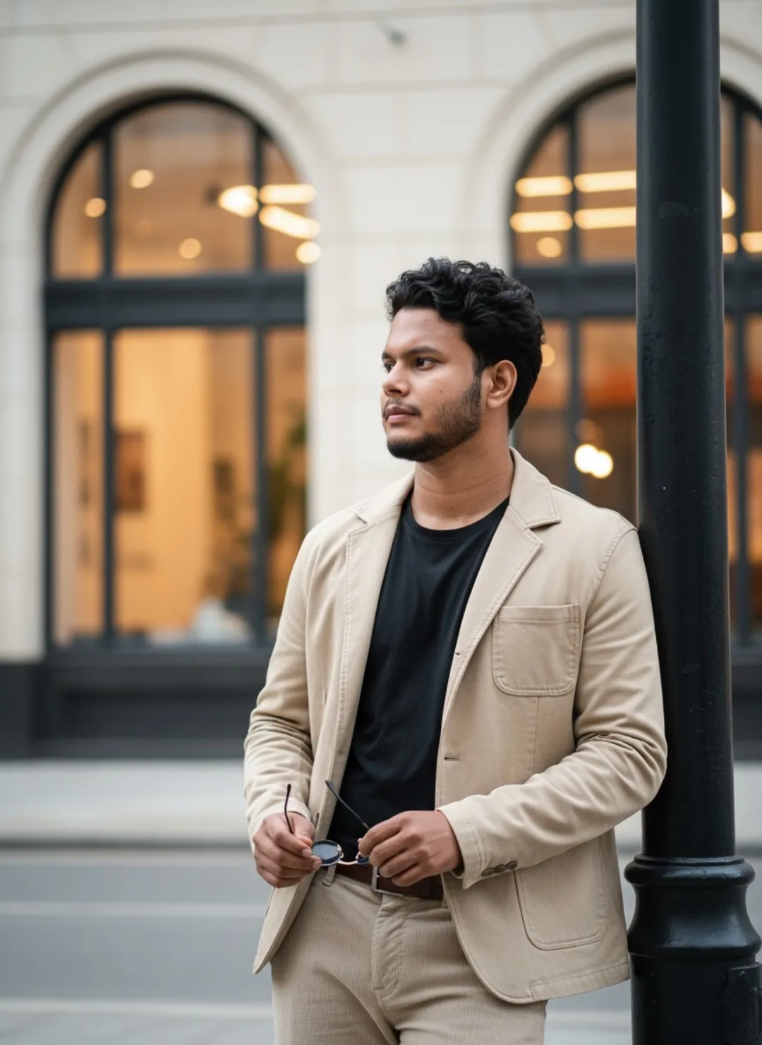 Create an ultra-realistic, cinematic full-body fashion portrait of a young South Asian man standing casually beside a classic black street