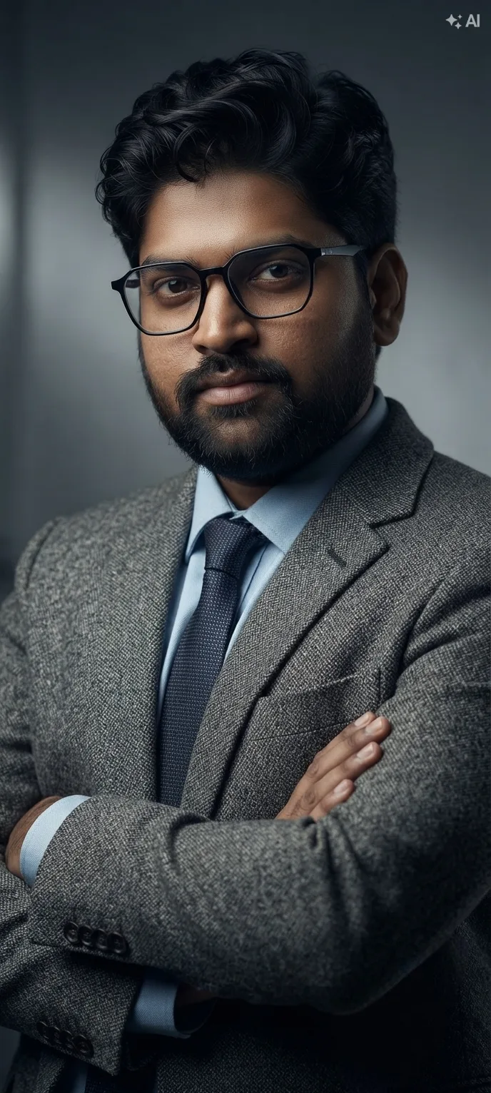 A photorealistic cinematic portrait of a smart, intellectual man in his 40s with dark wavy hair and a neat beard, wearing black-rimmed