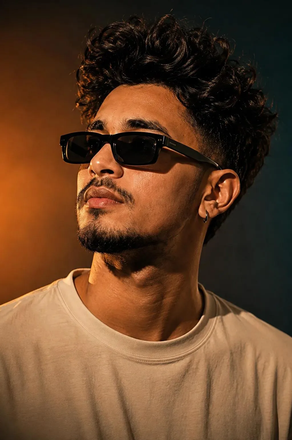 Close-up cinematic studio portrait of a stylish young man with curly dark hair, a well-groomed beard and mustache, wearing black