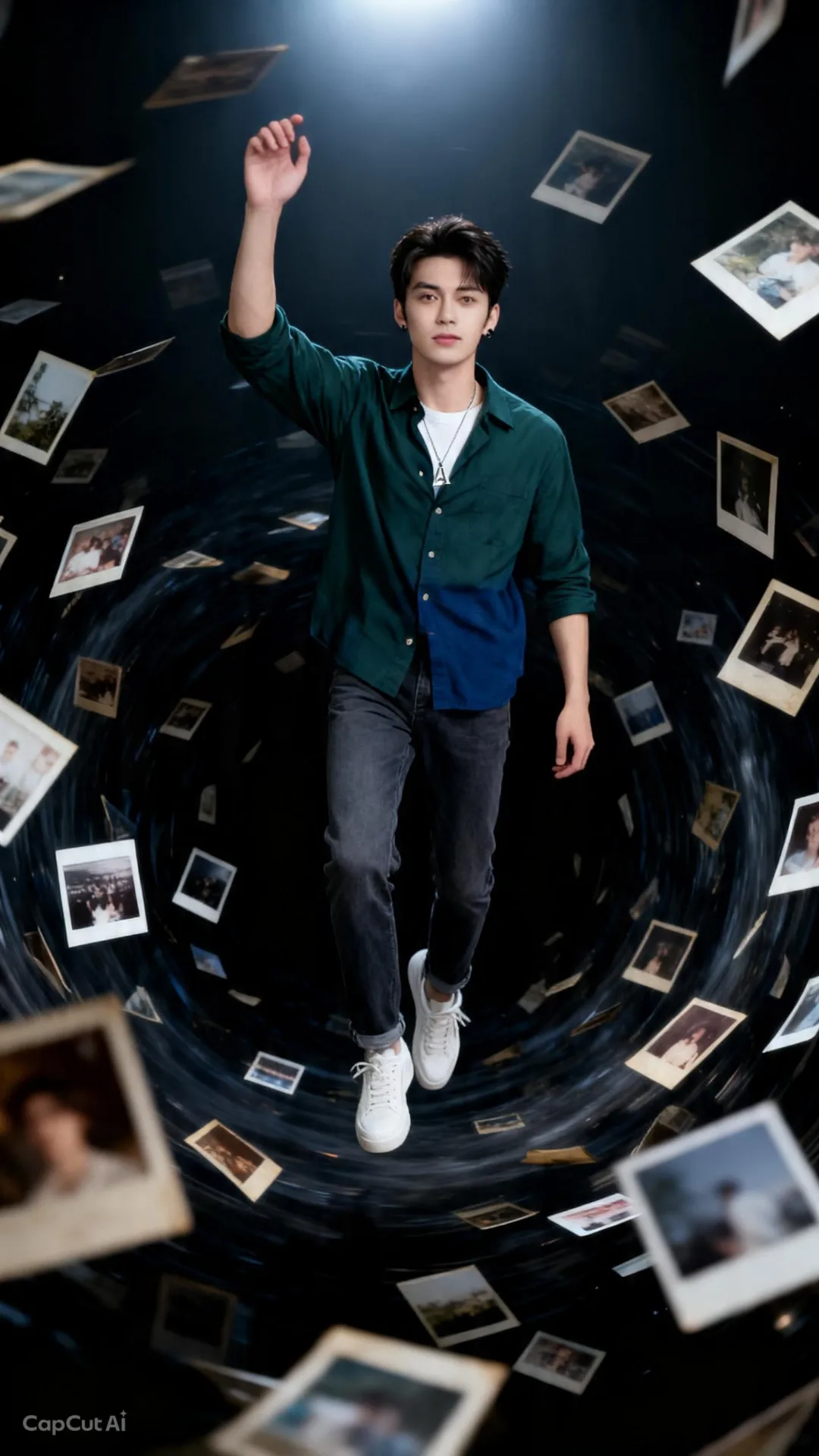 "A surreal, conceptual photo of a stylish young Asian man floating or walking mid-air inside a dark, swirling time vortex tunnel.