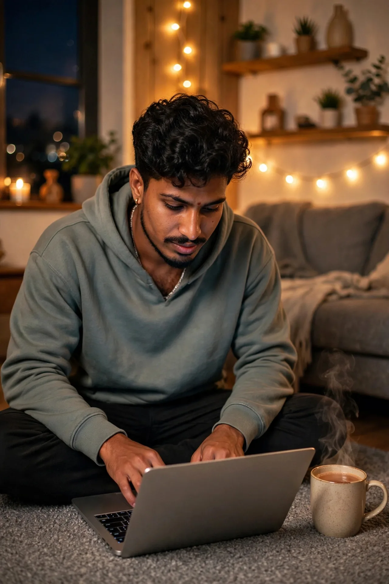 > A photorealistic, cinematic medium shot of a 26-year-old South Asian man with dark curly hair and a neatly trimmed beard, sitting