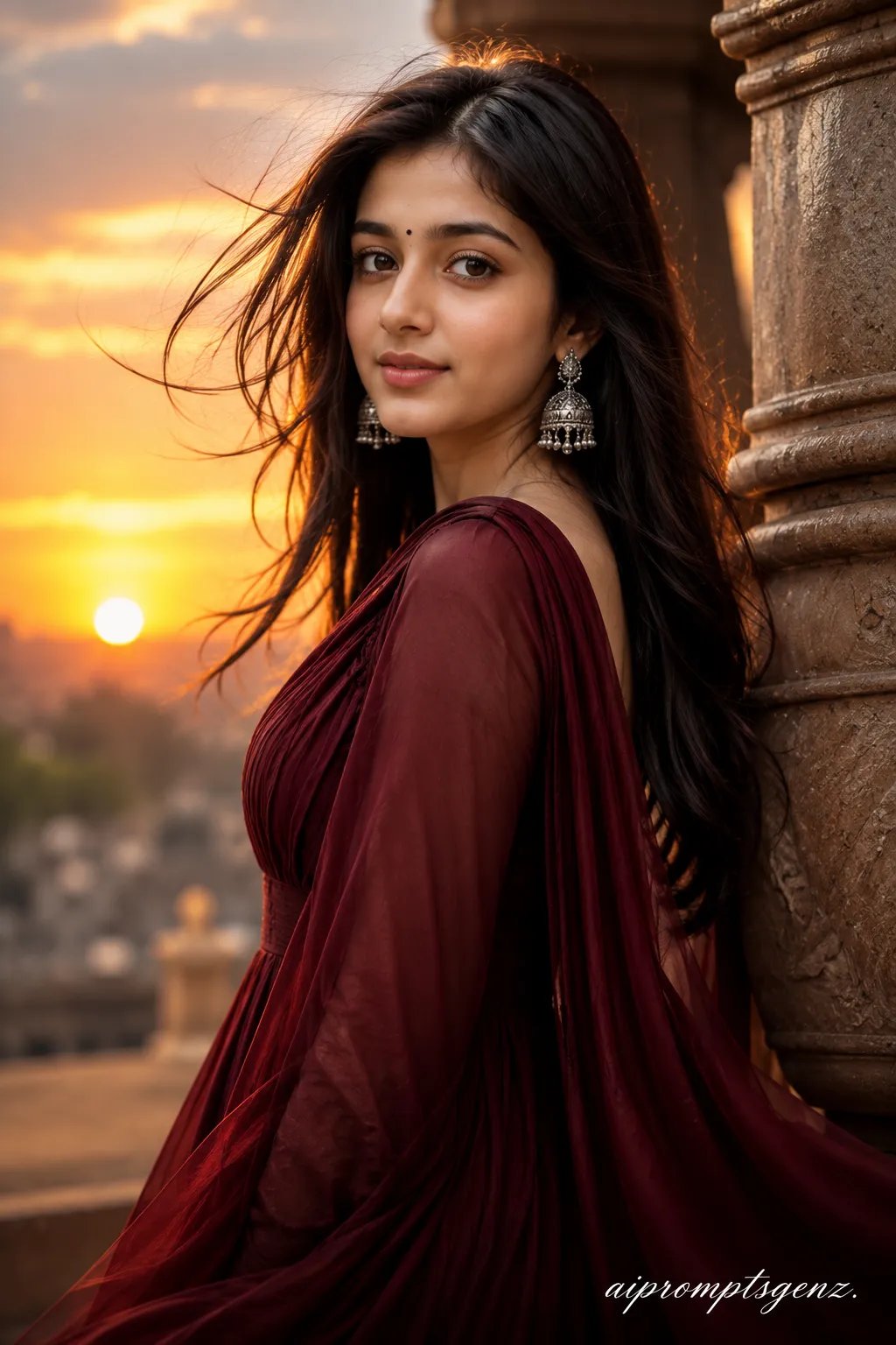 "Ultra-realistic stylish portrait poster of a beautiful young Indian woman wearing a deep maroon long flowing gown with full sleeves,