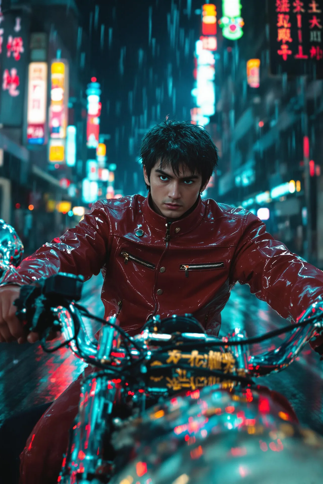 A medium shot portrait of a young Asian man with short, disheveled black hair, wearing a glossy red leather motorcycle jacket, riding a